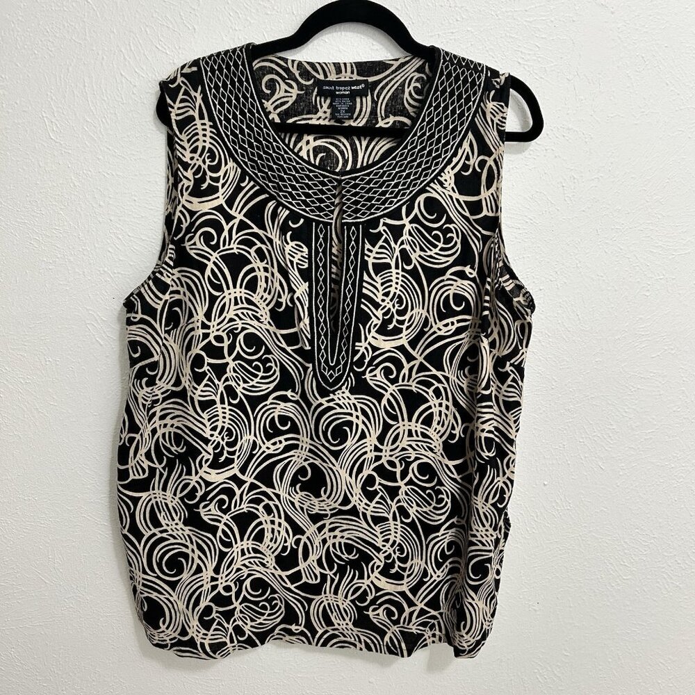 Saint Tropez West Linen Blend Top‎ Sleeveless V Neck Embroidered Geometric Sz 2X